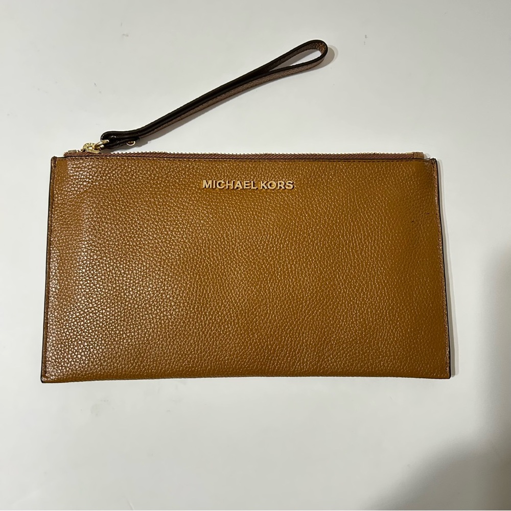 Michael Kors Brown Leather Wristlet  Gold-tone Hardware